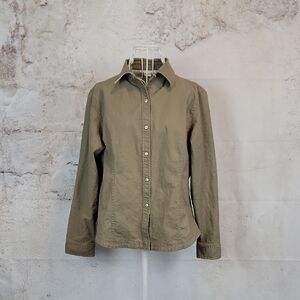 Co & Eddy Olive Tan Button-Up Shirt Linen Womens Size L